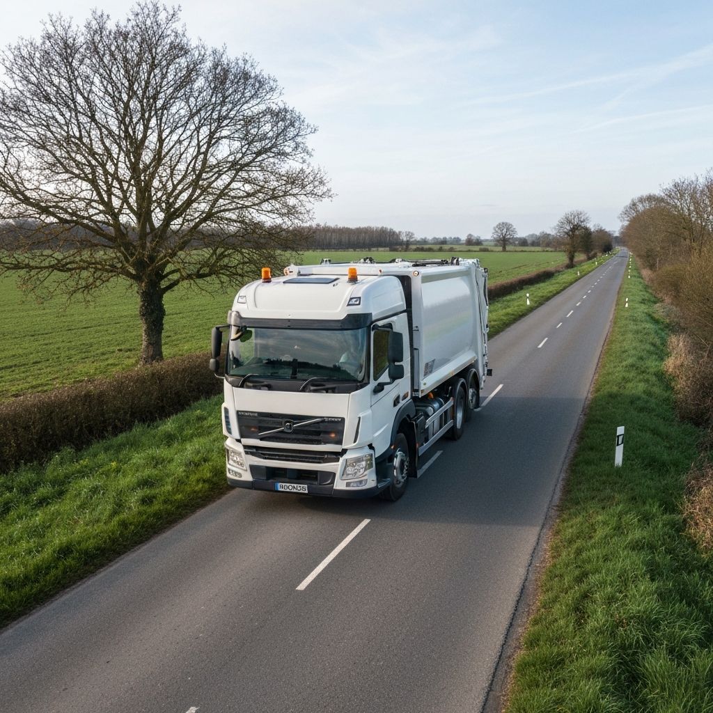 Waste management truck in countryside
